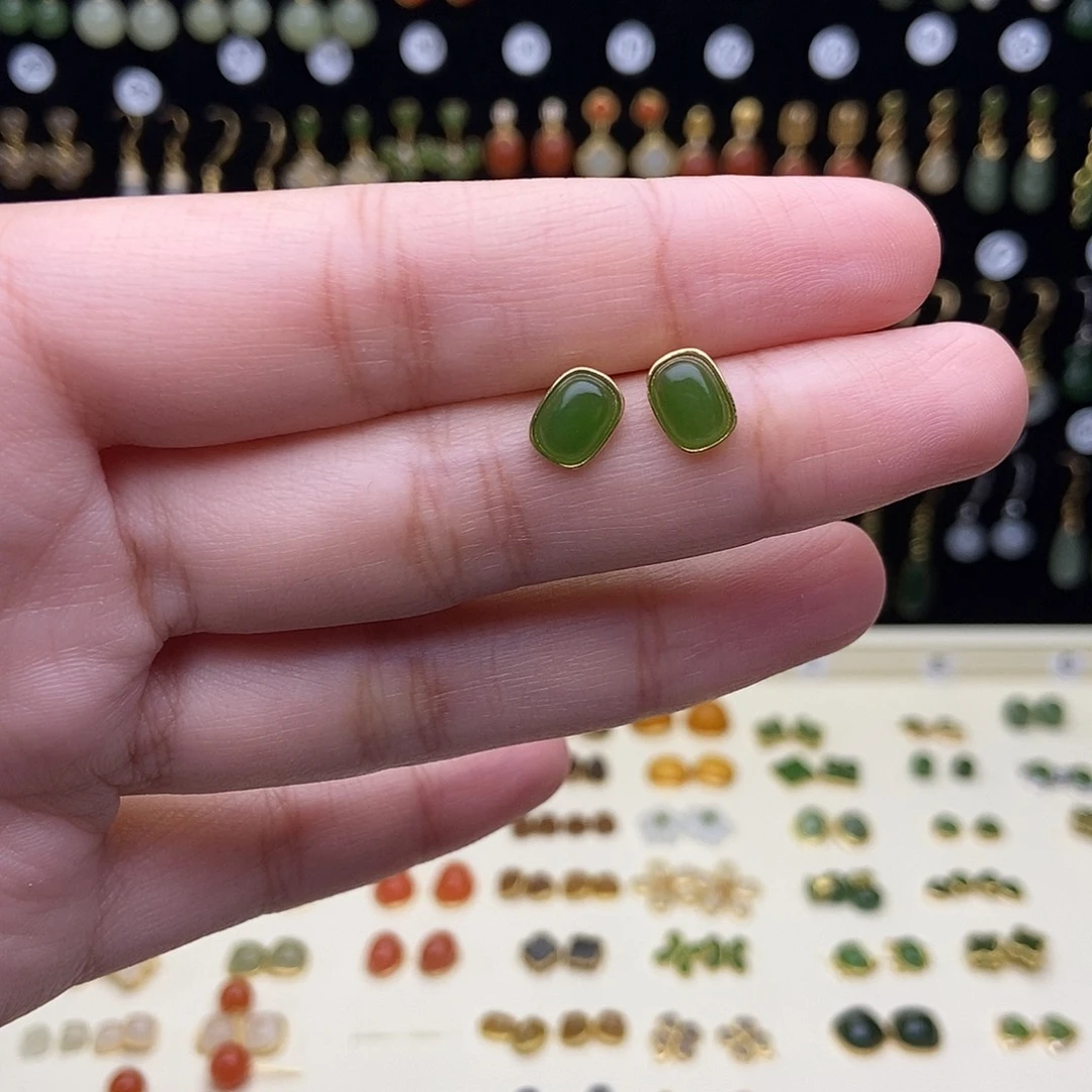 和田玉银S925镀金镶嵌耳饰