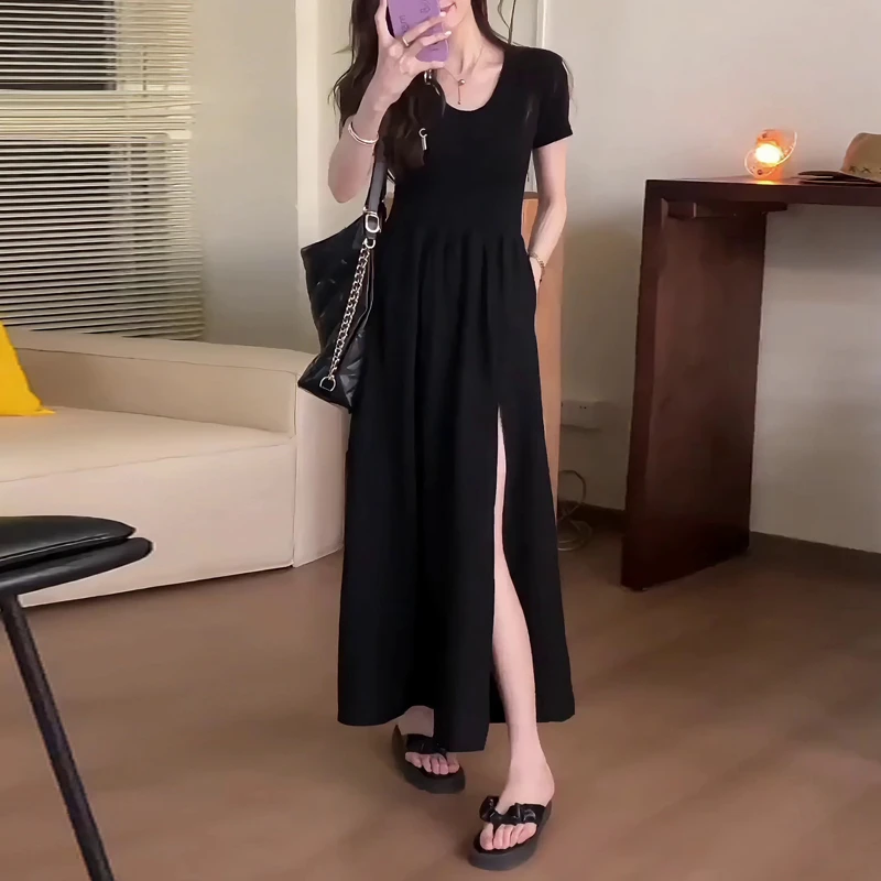 大码夏季赫本风显瘦连衣裙胖妹妹法式高腰遮肚拼接开叉气质长裙