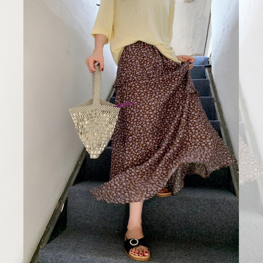 莉贝琳sisy仲夏花影半裙 气质碎花显瘦木耳边A字长裙仙S25206SK01