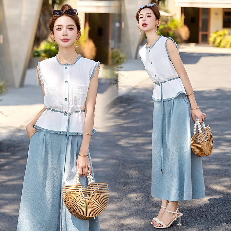 穿搭一整套阔腿裤套装女2025夏季新款气质减龄收腰显瘦裙裤两件套