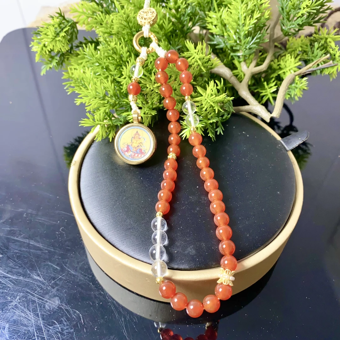 天然红玛瑙+白水晶手机链挂件 00964