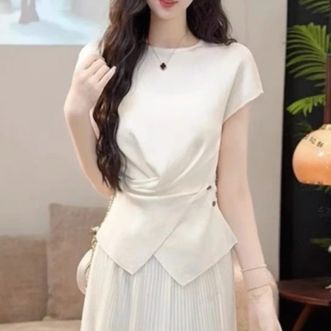 女夏季短袖显瘦不规则高腰上衣百搭时尚收腰减龄