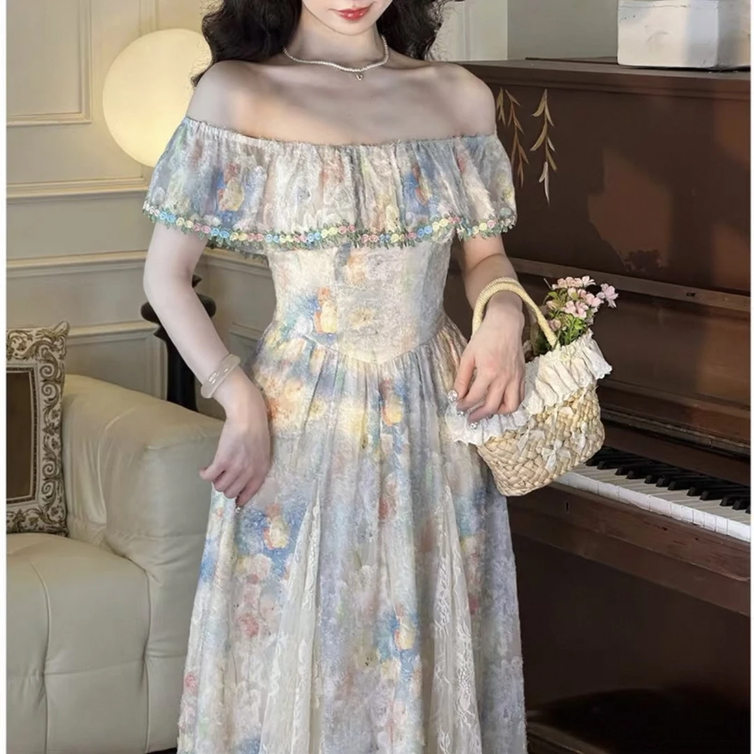 2025新款夏季复古方领碎花瘦拼接法式连衣裙女高腰长6831