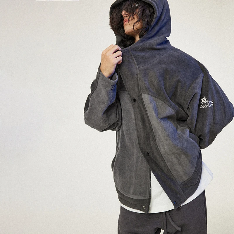 POH 异形状拼色摇粒绒外套男秋季宽松双色连帽上衣休闲百搭夹克潮