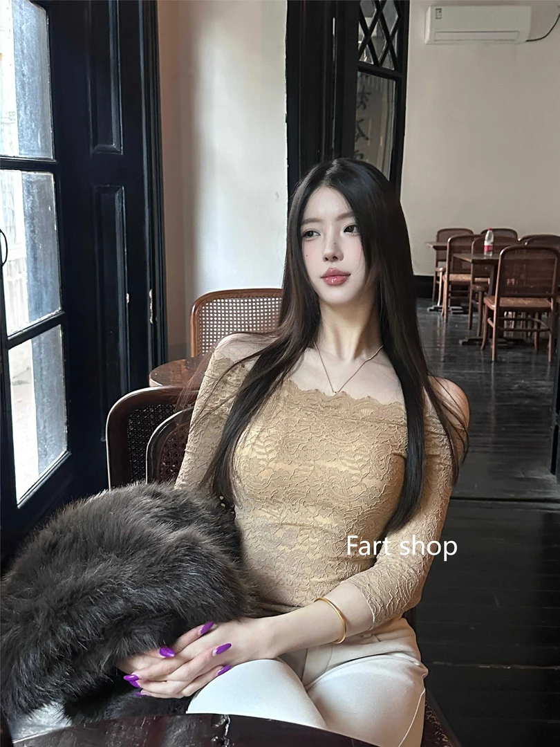 【Fart Shop】~超御显白～气质蕾丝一字肩半袖打底上衣女2025年春