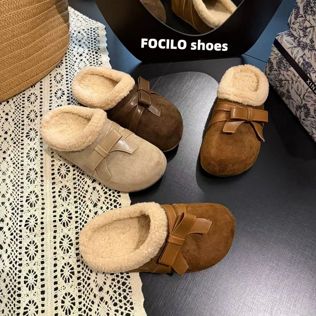 厚底内增高勃肯鞋女秋冬2025年新款加绒包头半拖鞋蝴蝶结勃肯拖鞋