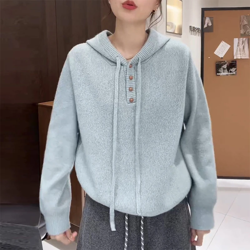 慵懒风连帽单排扣针织衫女2025秋冬新款韩系宽松外穿软糯毛衣外套