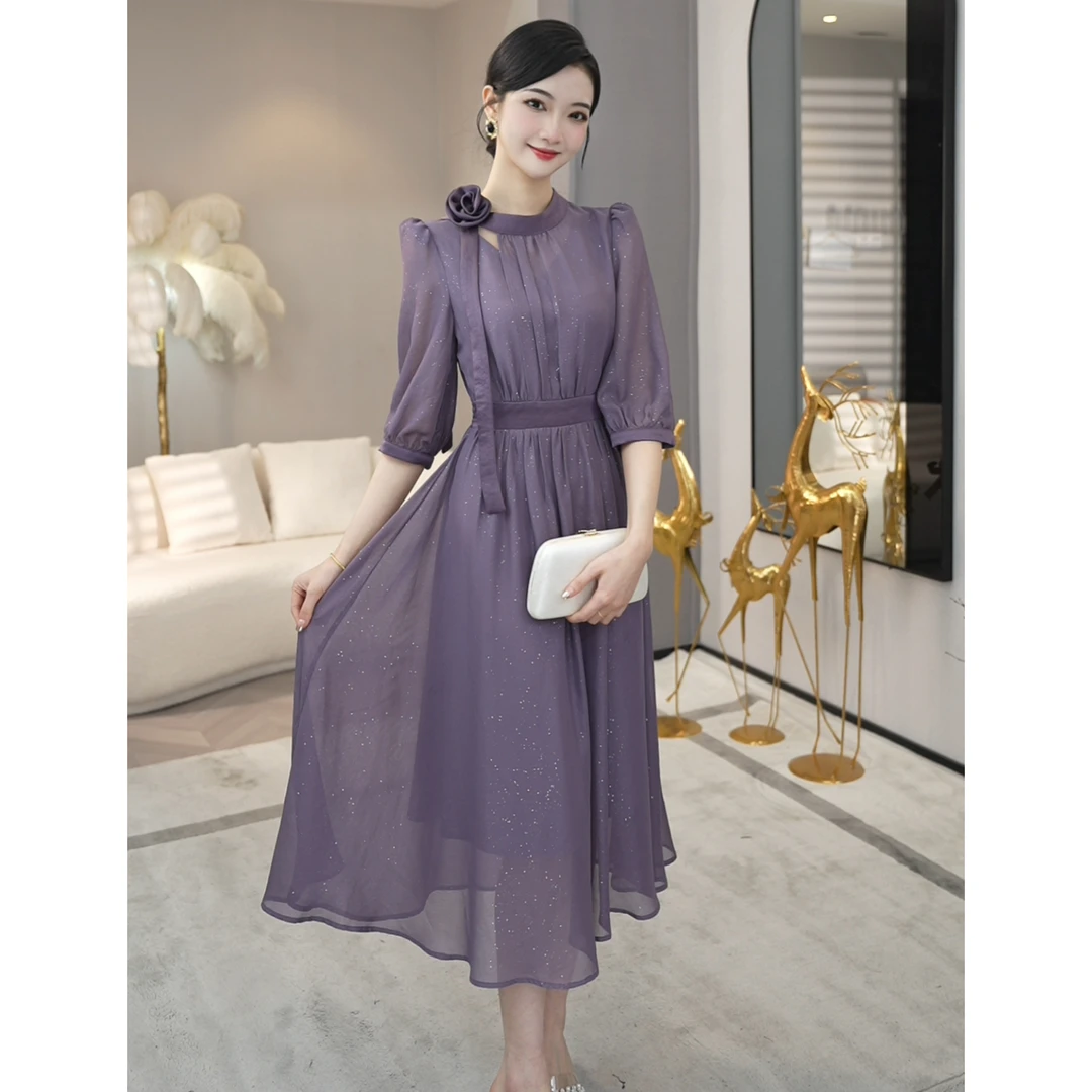 2025年夏季新款【ZM-X813】高级感气质小众飘带设计紫色中袖连衣裙