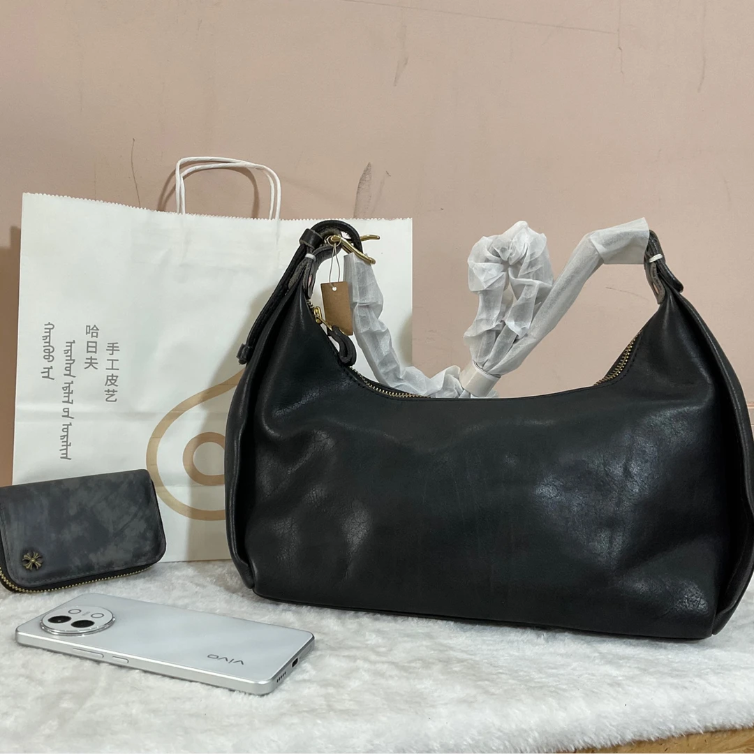 斜挎月牙包拉链暗袋单肩复古托特包ol潮流百搭休闲肩包