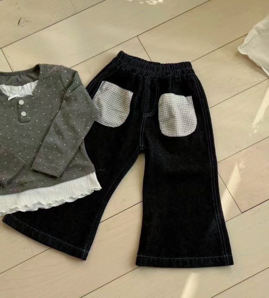 小鹿慕水 25002女童2025春款深蓝色牛仔裤微喇裤