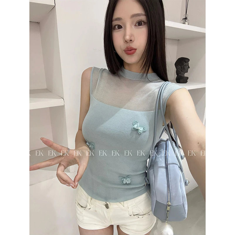 EK2025法式纯欲设计感拼接短袖针织衫女百搭小众外穿短款上衣129