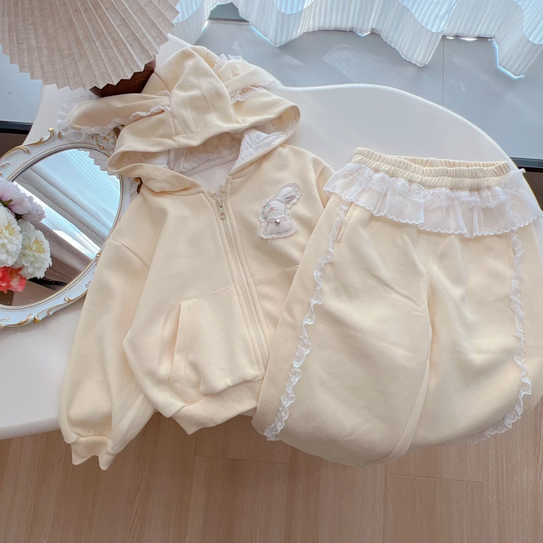 2025秋女童套装立体小兔蕾丝拼接连帽外套休闲裤两件套 G-126566
