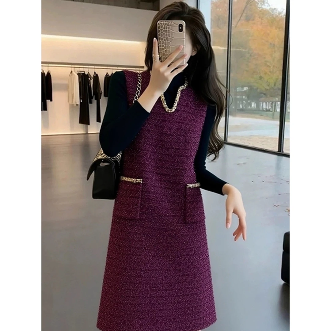 2026法式高级感紫色小香风背心裙秋冬轻熟风重工精致时髦洋气裙子
