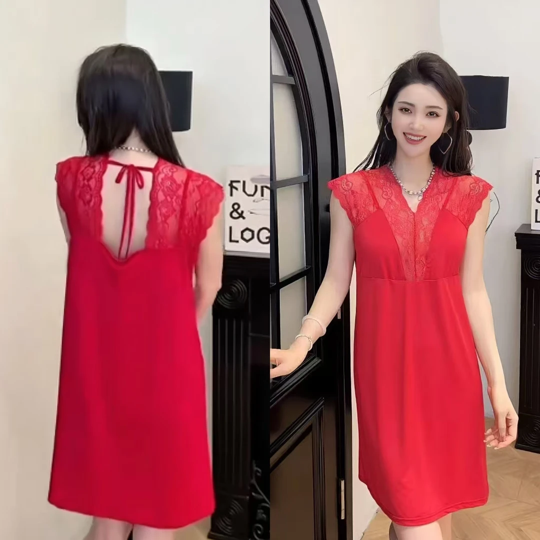 夏季女士睡裙自带胸垫宽松时尚气质法式蕾丝无袖凉感居家服饰睡衣