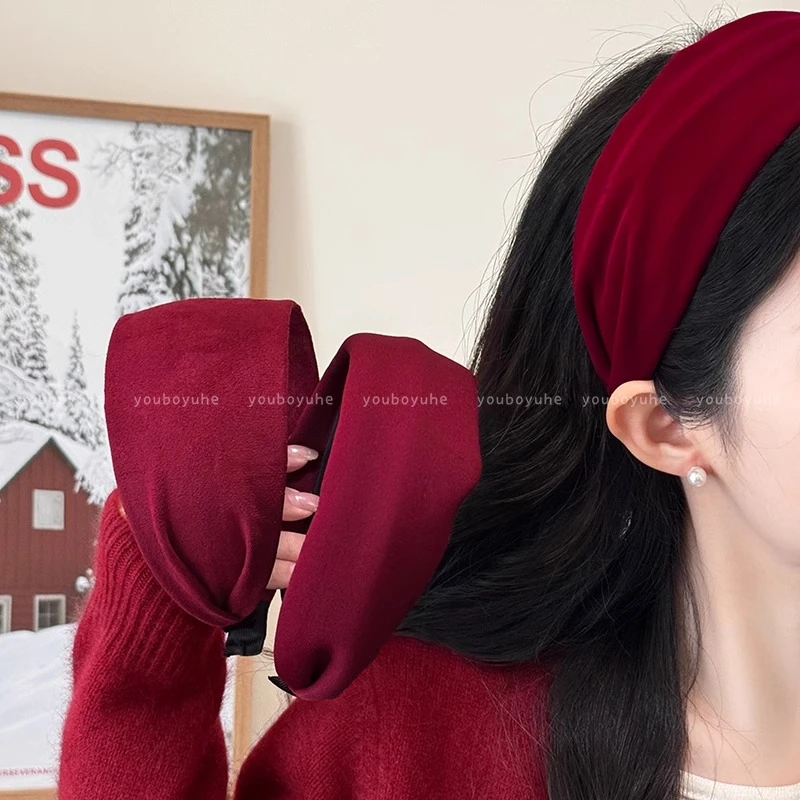 新年红色丝绒宽边发箍女秋冬复古显白高颅顶秋冬季发卡头箍发饰品