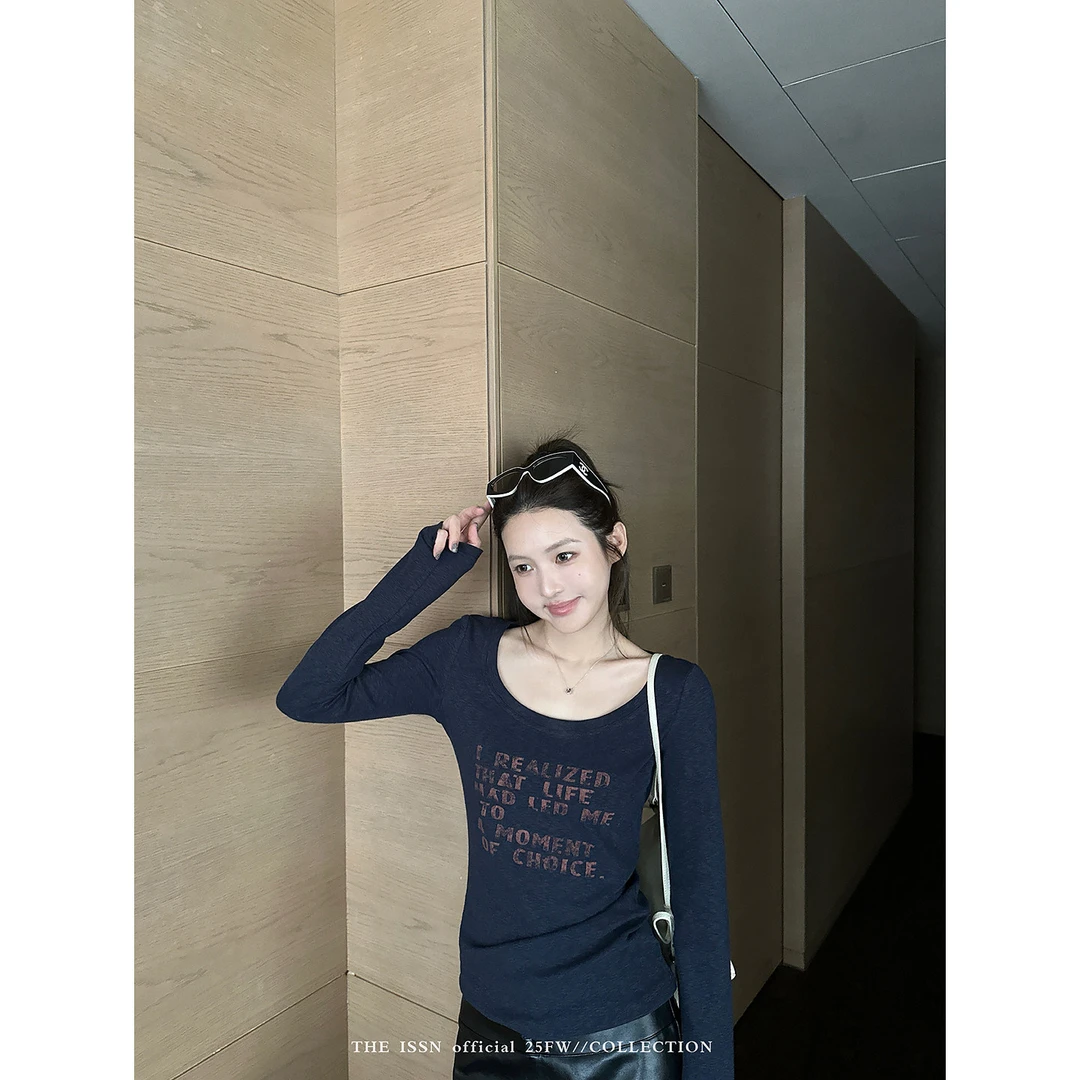 THEISSN宁司 字母印花U领T恤女春季韩系修身打底上衣 01991