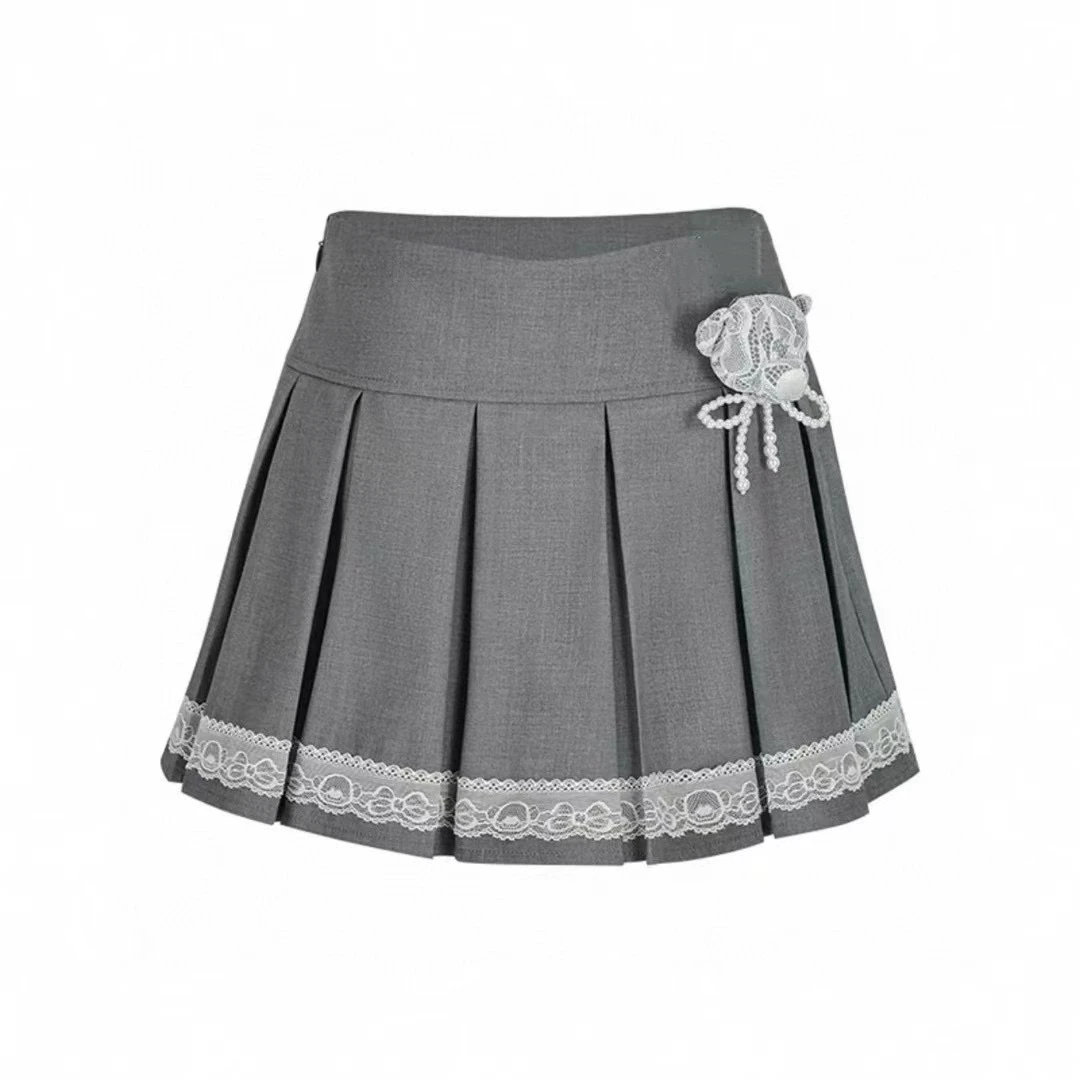 灰色蕾丝蝴蝶结高腰气质少女学院风夏季