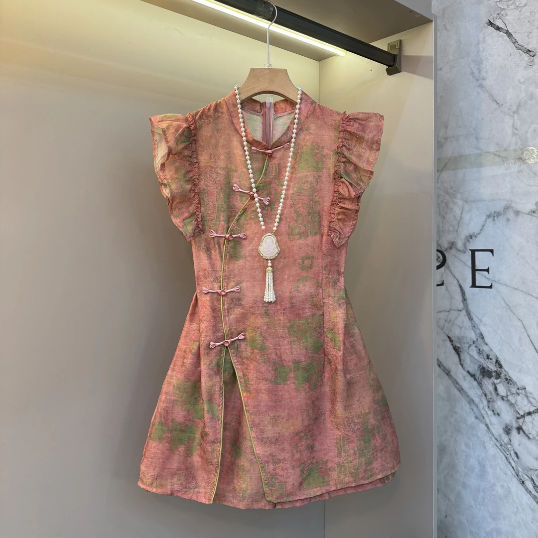 新中式国风复古印花斜襟盘扣木耳边飞飞袖东方之美两件套25109