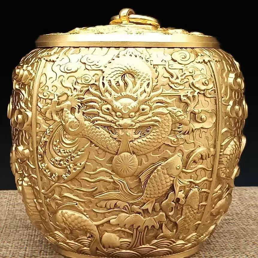 全黄铜鲤鱼跃龙门茶叶罐收纳罐摆件【高度10cm直径10cm重约690g】