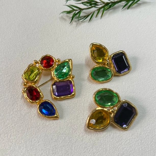 铜合金琉璃胸针 【六六中古】孤品复古个性胸针耳夹套装te2032