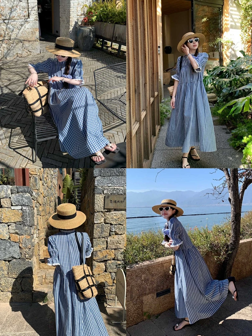 海风絮语蕾丝拼接蓝格子宽松泡泡袖连衣裙