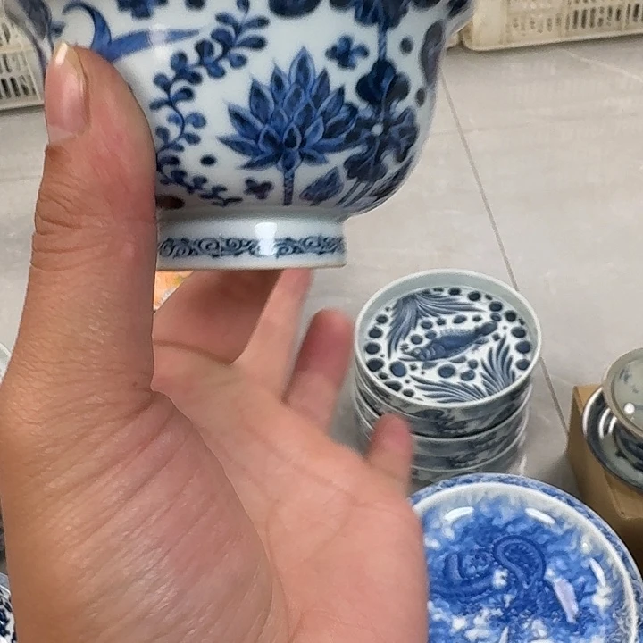 瓷片青花鱼藻大压手杯景德镇