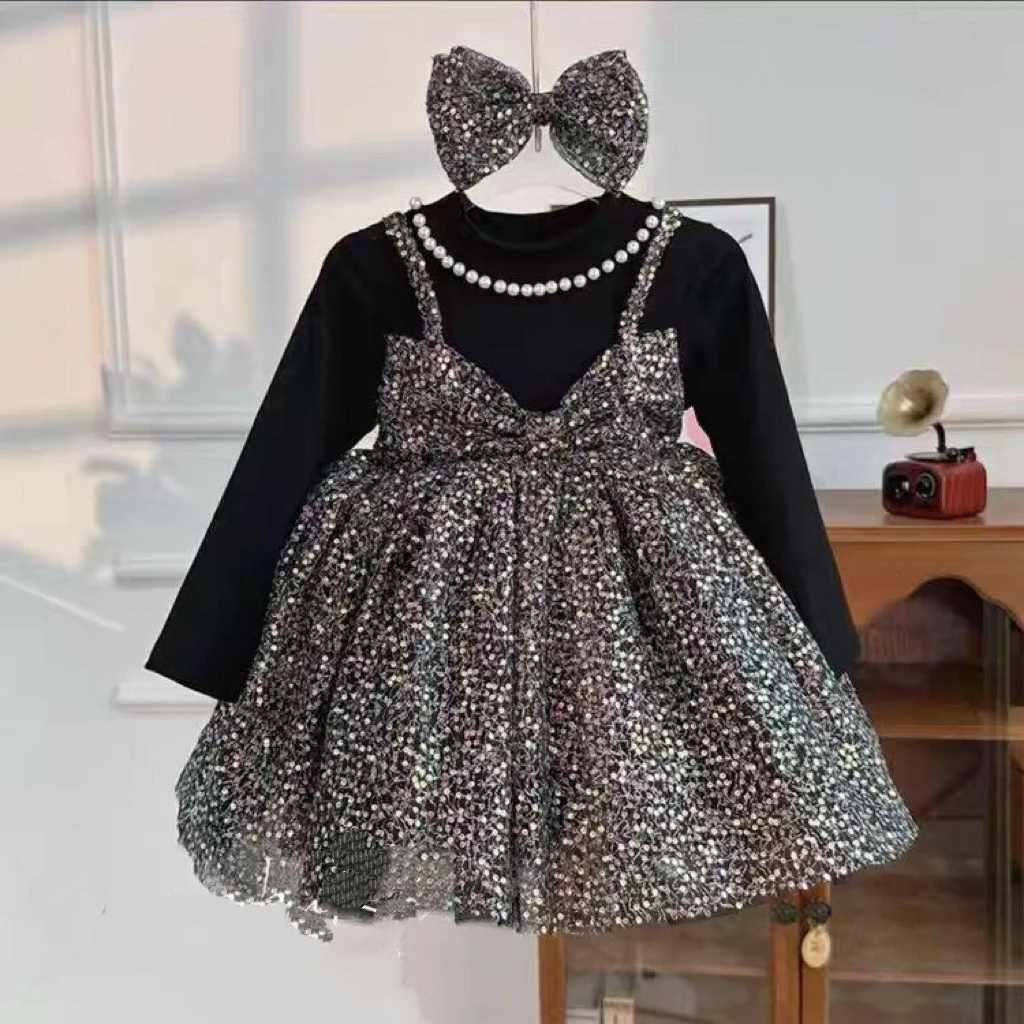 800哈哈家 女童加绒假两件套装秋冬季新款韩版蝴蝶结连衣裙