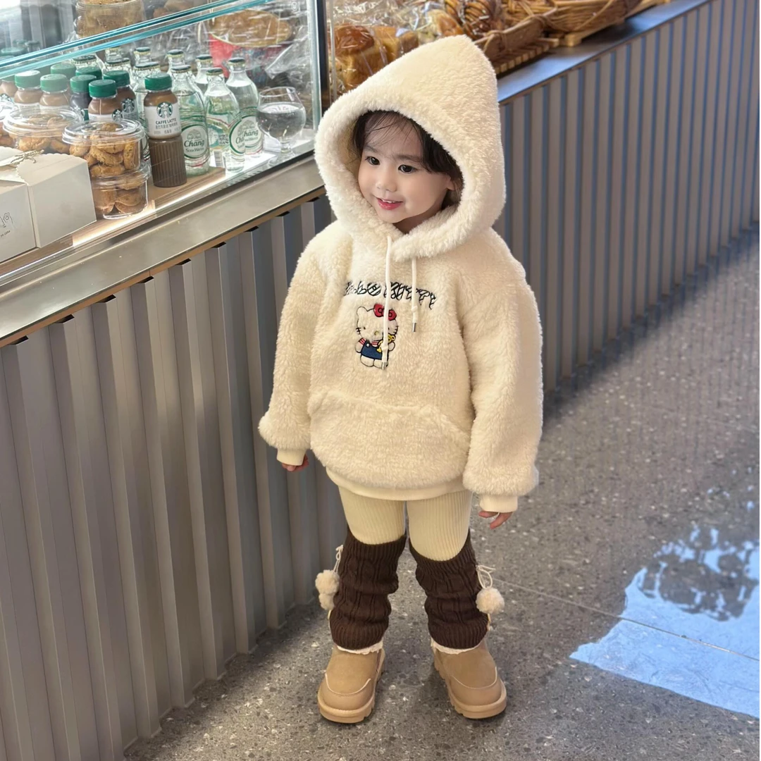 女童加绒卫衣2025秋冬新款Kitty猫连帽上衣宝宝冬季保暖毛毛外套