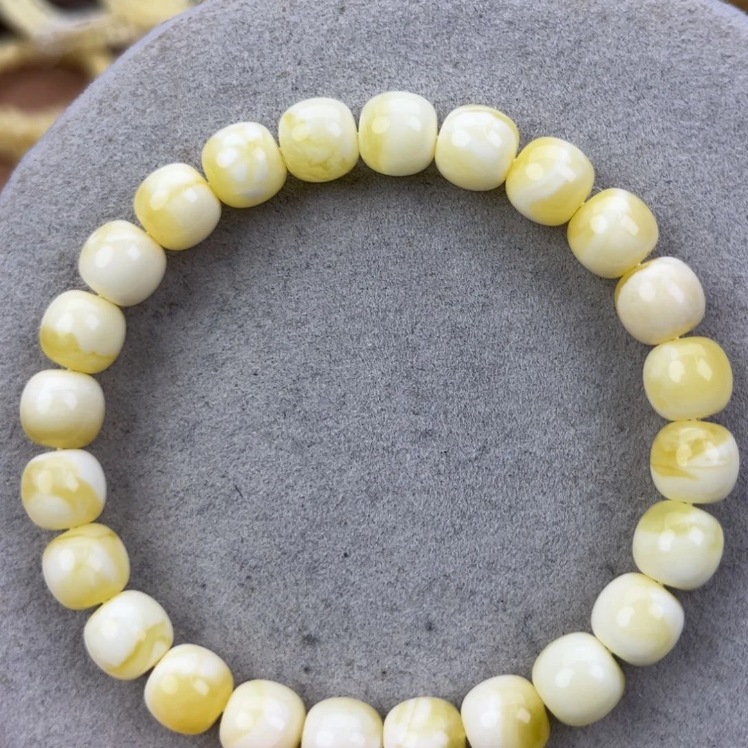 蜜蜡未镶嵌手串纯天然俄瓷白花极限弧高桩9*8.5腕口18+