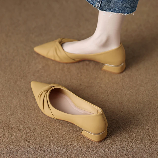 真皮单鞋女2025春季新款法式仙女风温柔晚晚尖头浅口3公分小跟鞋