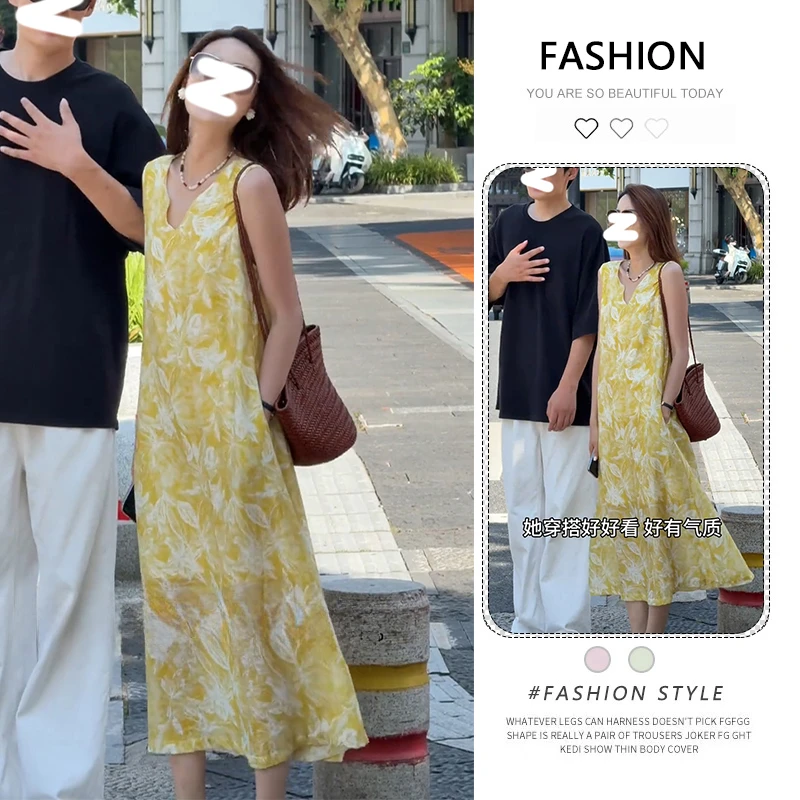 小个子时尚印花连衣裙女夏季2025年新款极简风通勤中长款无袖裙子