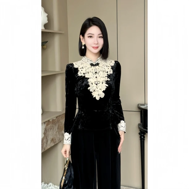 格娜2025秋季新中式氛围感气质上衣显贵高级感黑色显瘦女人味套装