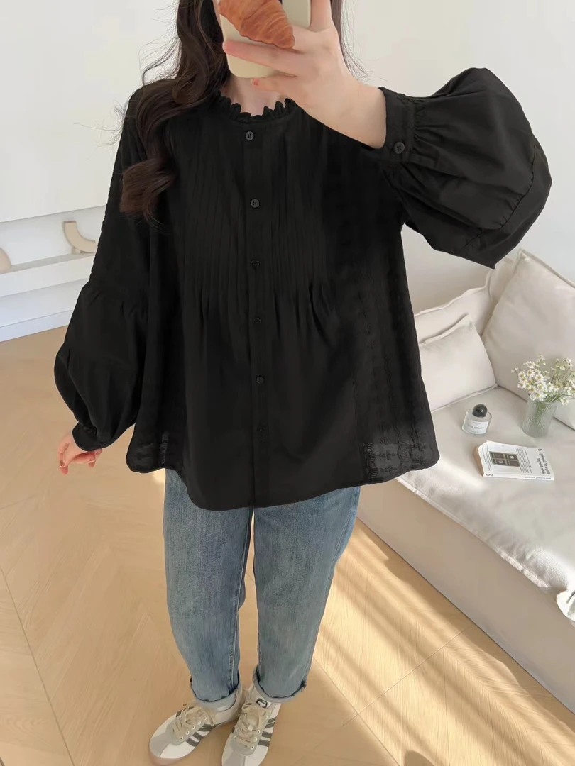 女士长袖绣花衬衫法式风格风琴褶木耳领设计感上衣3311