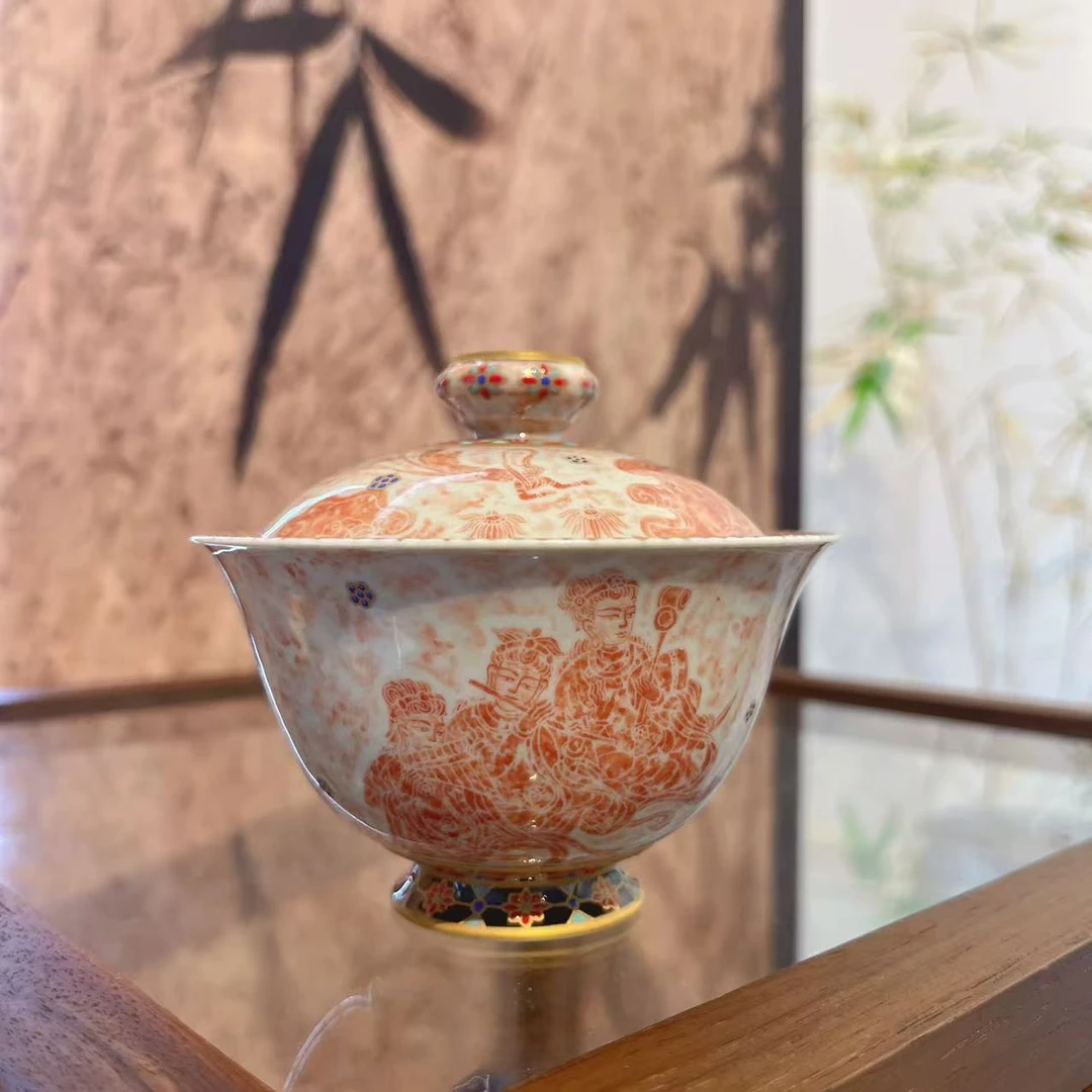 一拓天成 朱砂拓 红拓 拓片 珐琅描金 复古 纯手工 珐琅彩  盖碗