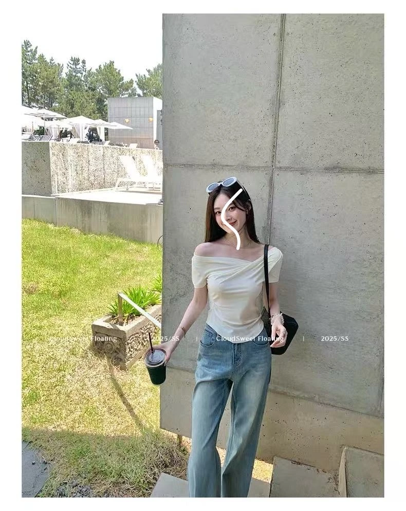 【米妮】"淡人穿搭"抽褶斜肩短袖t恤收腰显瘦露肩上衣