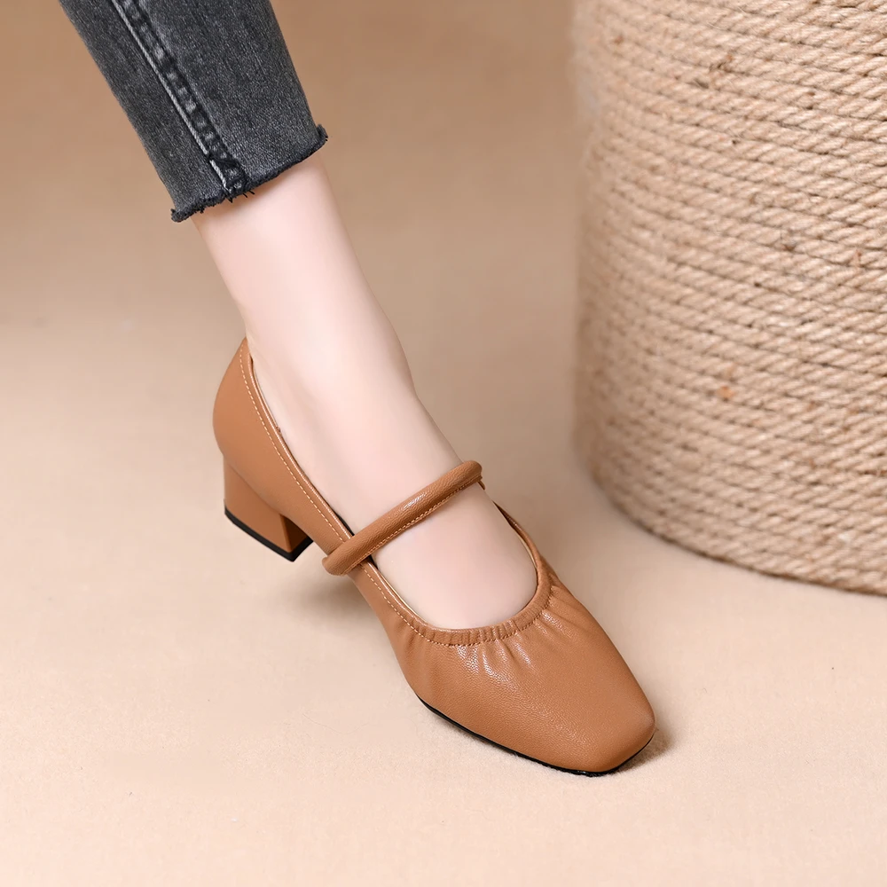 2025新款春夏季方头浅口软皮单鞋女中跟粗跟工作皮鞋女鞋玛丽珍鞋