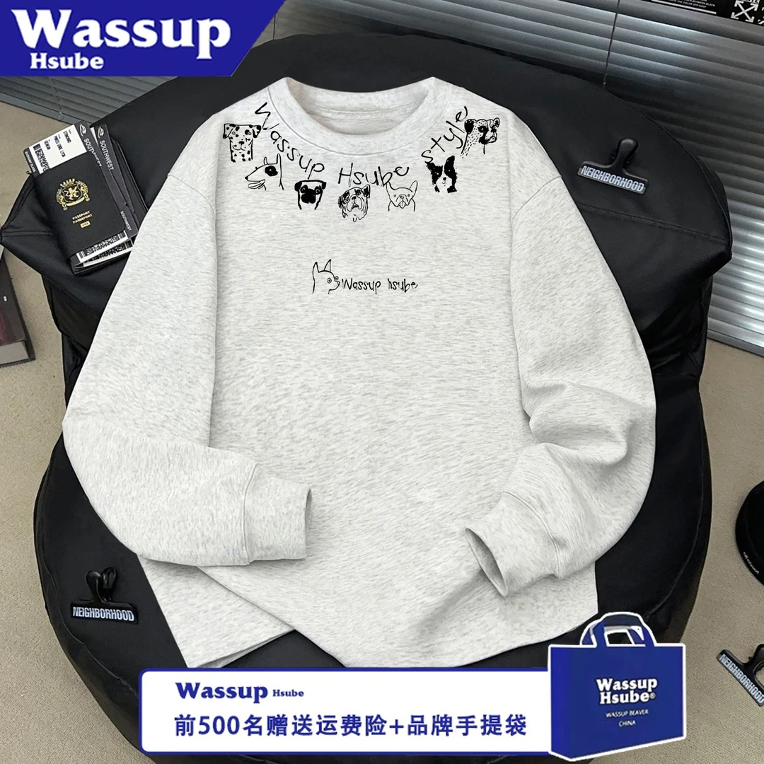 WASSUP HSUBE美式流行白灰色字母狗秋冬长袖圆领宽松印花情侣上衣