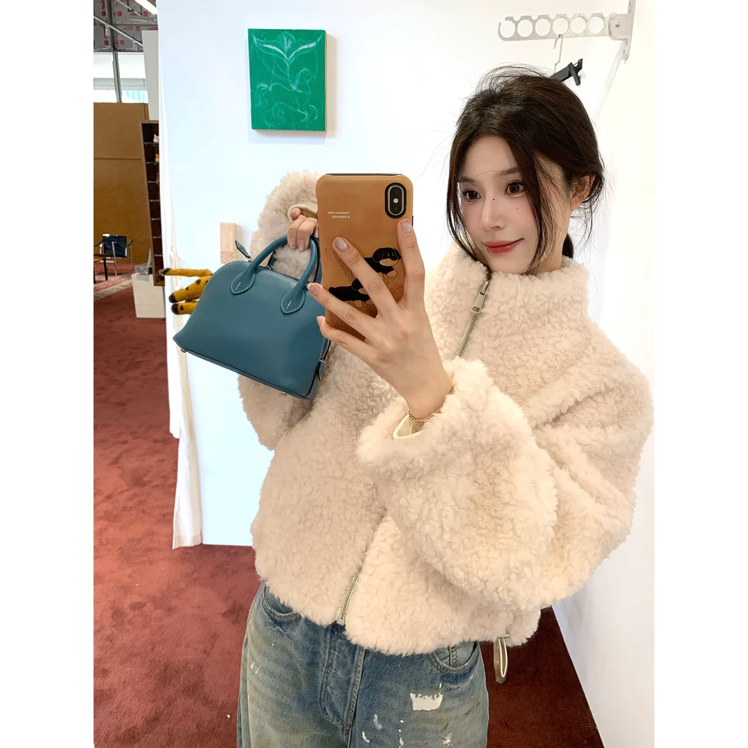 叁月芹菜 清仓no退no换！全羊毛双色毛毛外套女秋冬皮草毛呢短外套
