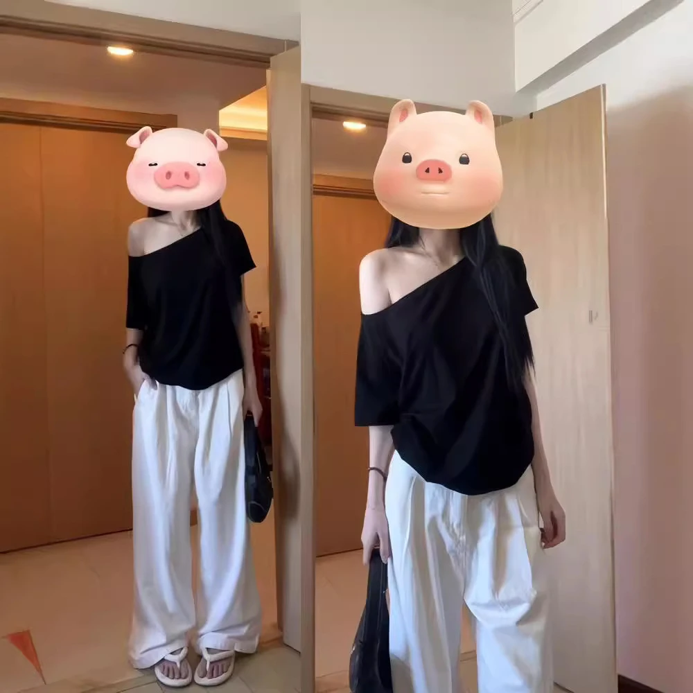 纯欲一字肩短袖t恤女装夏季斜肩露肩设计感宽松外穿上衣2025新款