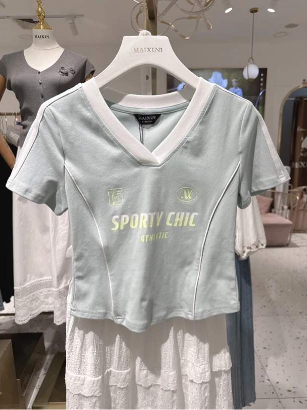 麦寻T恤圆领设计感短袖修身时尚印花短款拼接森系抗起球百搭