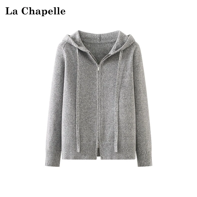 拉夏贝尔灰色休闲宽松连帽双拉链针织开衫女卫衣外套新款高级时尚