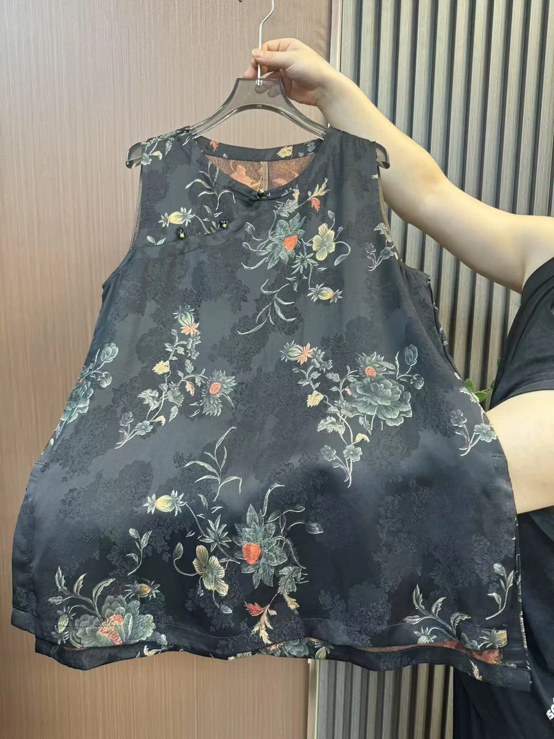 【蔷薇花-中长款奥黛】老钱风香云纱提花圆领中长款桑蚕丝上衣