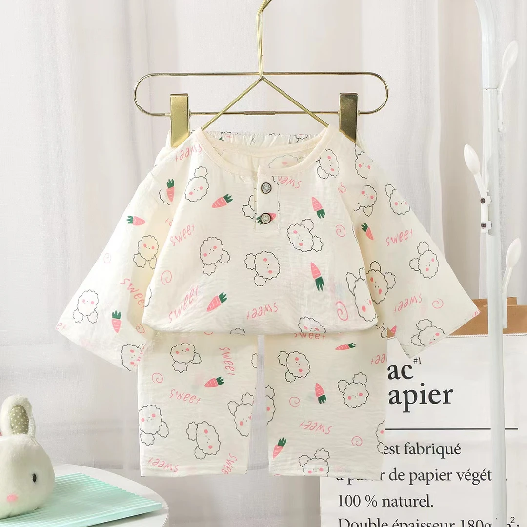 【欧若风】夏新款男女童家居服泡芙绵中大童睡衣空调服七分裤套装