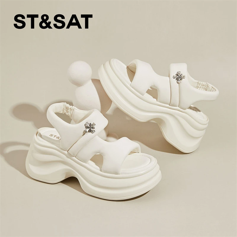 星期六温柔风一字带凉鞋女士夏新款厚底增高单鞋松紧带时尚休闲鞋