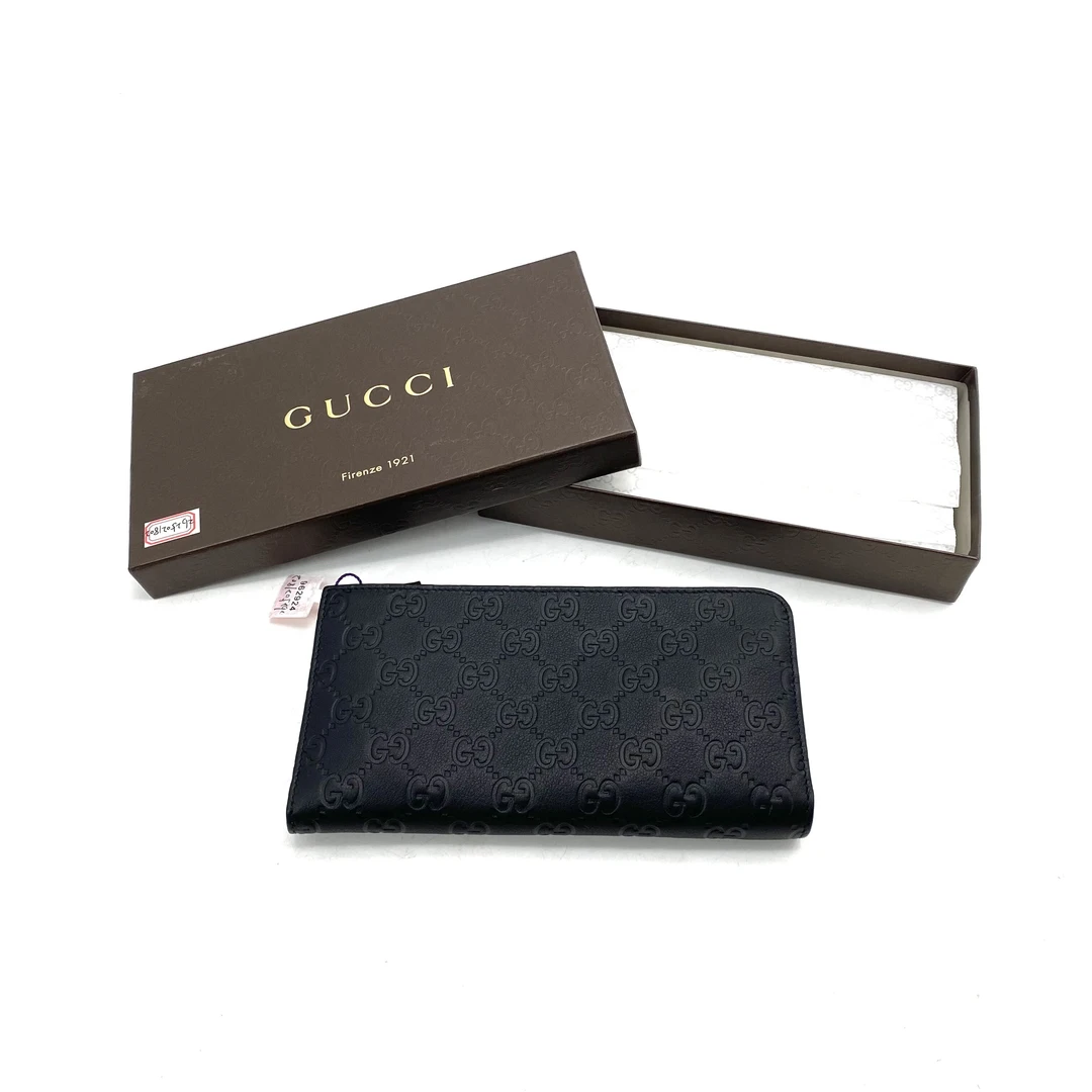 99新 GUCCI/古驰 未使用黑色全皮压花拉链钱包尺寸20/10