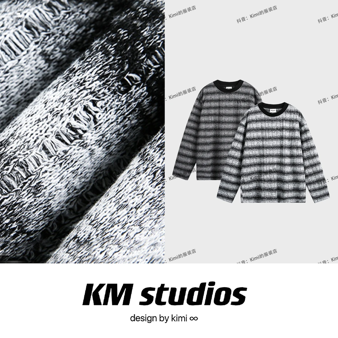 KM studios 秋冬新款长袖内搭宽松套头圆领条纹打底衫休闲卫衣