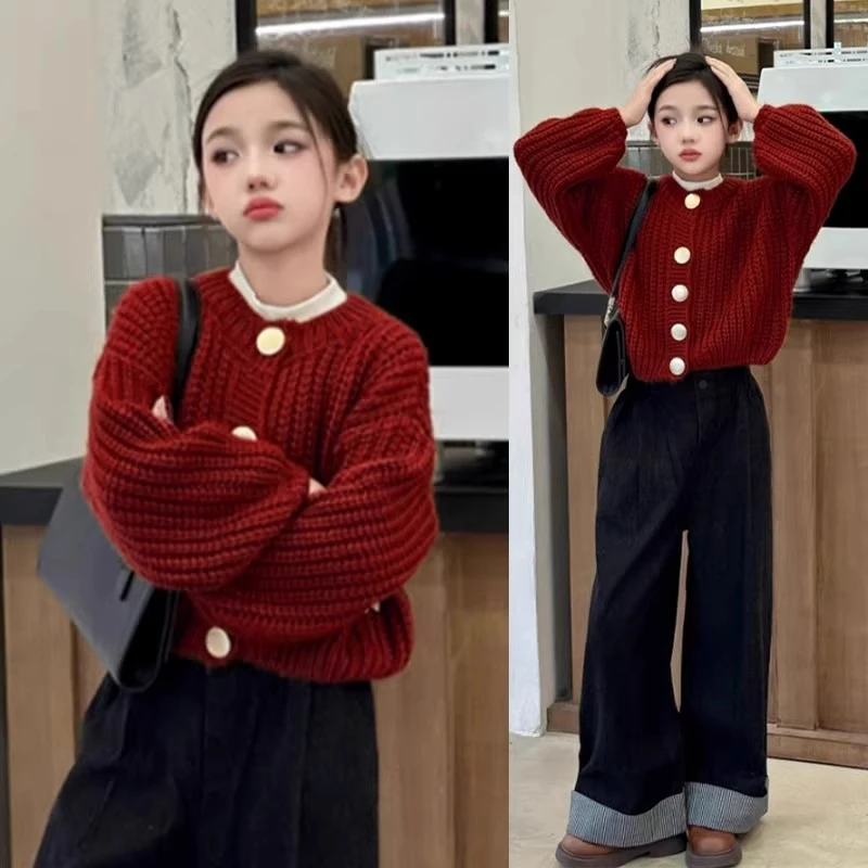 女童秋装毛衣套装2025春秋季新款时髦中大童儿童牛仔裤洋气炸街潮