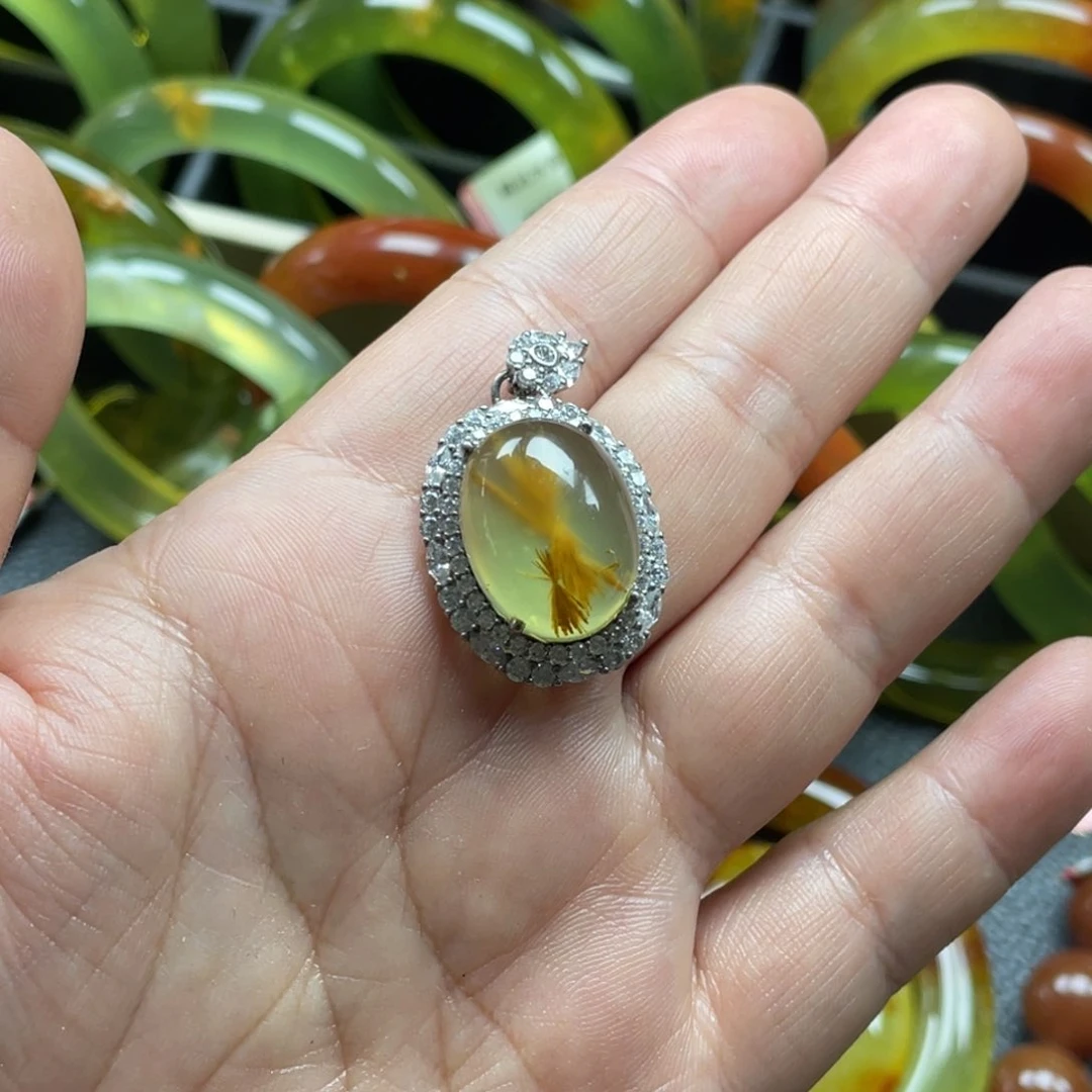 银S925镀金镶嵌蛇纹石玉颈饰