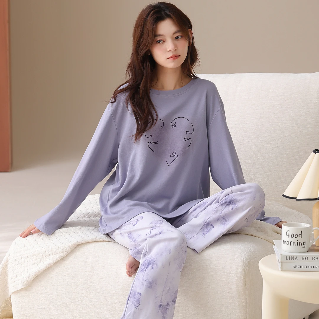 66206双面纯棉睡衣女秋冬季长袖长裤休闲宽松外穿家居服睡衣套装