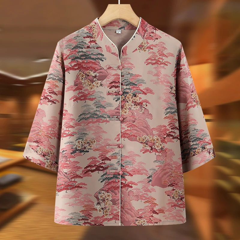 老人奶奶装上衣夏天衣服中老年人夏装妈妈七分袖衬衫薄款宽松衬衣